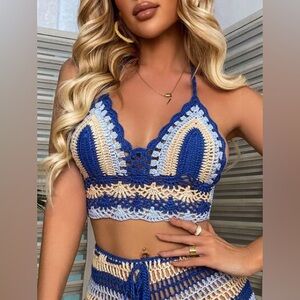 SHEIN Crochet Blue Yellow Cream Halter Tie Bikini Top US Small